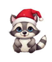 mignonne raton laveur portant Noël chapeau ai génératif png