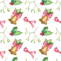 Watercolor Christmas pattern with a bell, holly, mistletoe and red ribbon on the transparent background. Seamless magical Christmas pattern. png