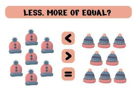 More, less or equal to winter hats. Educational logic game for preschool children. Choose the correct answer. Vector illustration isolated on white background.