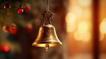 Golden bell decorated on Christmas tree, Christmas. Ai Generated. photo