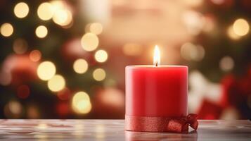 Christmas-themed candle, Christmas on bokeh background. Ai Generated. photo