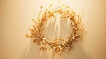 Golden Christmas wreath on golden light background. Ai Generated. photo