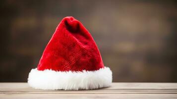 Santa Claus hat on the table blur background. Ai Generated. photo