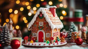 Gingerbread house kit, Christmas on bokeh background. Ai Generated. photo