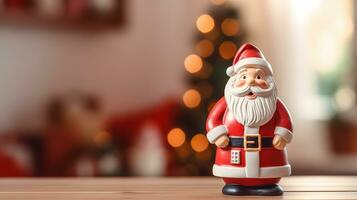 Santa Claus with Christmas gifts on bokeh background. Ai Generated. photo