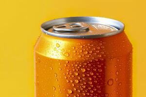 Can of fresh soda with water drops on orange background, closeup. Generative AI photo