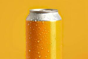 Can of fresh soda with water drops on orange background, closeup. Generative AI photo