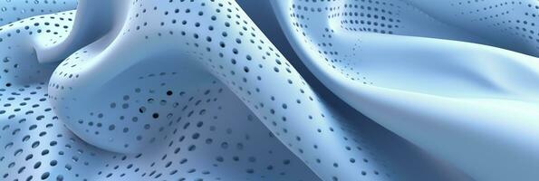 Breathable fabric dry light blue soft mesh holes floating light blue background. Generative AI photo