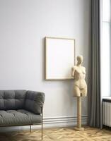 Mockup frame in contemporary Scandinavian living room interior, 3d render. AI Generative photo