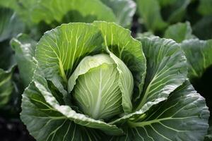Cabbage growing in an urban garden. Cabbage leaves and head close up. Generative AI photo