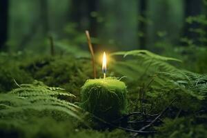 Burning candle on moss, dark green blurred the natural background. Magic candle. Generative AI photo