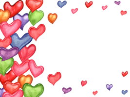 vakantie horizontaal kader van kleurrijk harten. roze, Purper, blauw, groen harten van divers vormen. kaart met vrij ruimte. waterverf illustratie voor Valentijnsdag dag, verjaardag, bruiloft, uitnodiging png