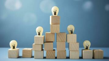 Many wooden cubes with people symbols and one with a lightbulb symbol on blue background. AI Generative photo