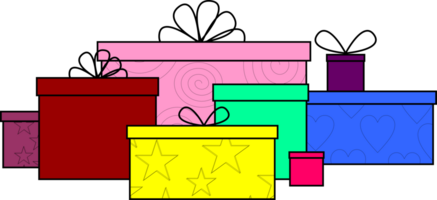 simple graphic drawing of multicolored gift boxes with black outline in different sizes, isolated element, decor png