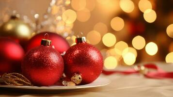 Navidad pelotas en un mesa decorado para celebrado Navidad o nuevo año. ai generado. foto