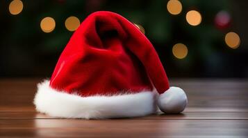 Santa Claus hat on the table bokeh background. Ai Generated. photo