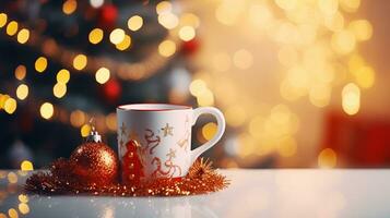 Cups of hot drink for dinner, Merry Christmas and happy new year. Ai Generated. photo