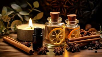 Seasonal scents such as oil and many herbs. Ai Generated. photo