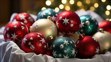Navidad pelotas en un plato para especial fiesta decoraciones ai generado. foto