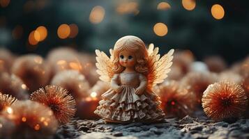 ángel con Navidad decoración en bokeh antecedentes. ai generado. foto