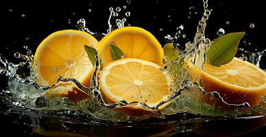 Splash of lemon juice with fresh lemon fruit isolated on black background - AI generated image photo