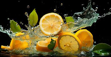 Splash of lemon juice with fresh lemon fruit isolated on black background - AI generated image photo