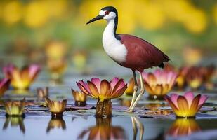 Colorful African wader with long toes next to violet water lily in water. Generative AI photo