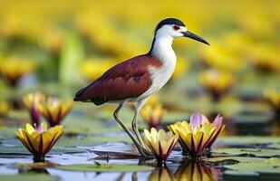 Colorful African wader with long toes next to violet water lily in water. Generative AI photo