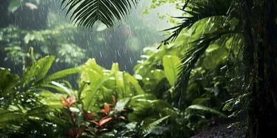 Rain falls in a rainforest with the rain drops. Generative AI photo