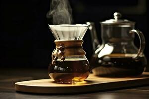 An alternative coffee brewing method is pure over, a glass teapot on a wooden tray. Generative AI photo