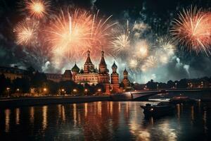 Fireworks over the Kremlin and the Spasskaya Embankment, Moscow, Russia, moscow fireworks, AI Generated photo