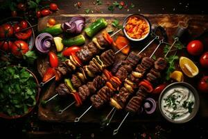 Grilled kebab with vegetables on skewers on wooden background, Middle eastern, arabic or mediterranean dinner table with grilled lamb kebab, chicken skewers with roasted, AI Generated photo