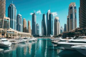 dubai centro de deportes acuáticos en un hermosa verano día, unido árabe emiratos, moderno edificios en dubai puerto pequeño, Dubái, ai generado foto