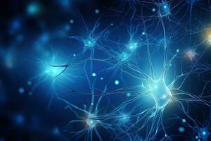 neurona celúla, 3d prestar, computadora generado, con azul fondo, neuronas y nervioso sistema. nervio células antecedentes con Copiar espacio, ai generado foto