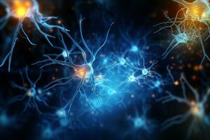 3d illustration of neuron cell with neurons and nervous system, abstract background, Neurons and nervous system. Nerve cells background with copy space, AI Generated photo