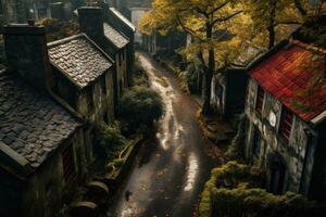 Fantasy landscape of a small village in the middle of the forest, Narrow street between woodland, drone's view, AI Generated photo