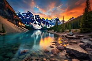 lago Louise a atardecer, banff nacional parque, alberta, Canadá, morena lago amanecer vistoso paisaje, ai generado foto