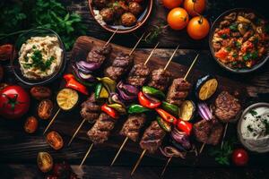 Grilled meat kebabs with vegetables on wooden skewers, Middle eastern, arabic or mediterranean dinner table with grilled lamb kebab, chicken skewers with roasted, AI Generated photo