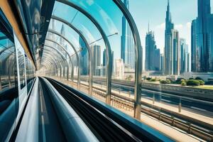 Dubai Metro as world's longest fully automated metro network, Metro railway among among glass skyscrapers in Dubai. Traffic on street in Dubai, AI Generated photo