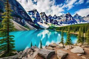 hermosa morena lago en banff nacional parque, alberta, Canadá, morena lago panorama en banff nacional parque, alberta, Canadá, ai generado foto