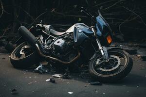 motocicleta accidente en el la carretera. motocicleta colisión en el calle, motocicleta bicicleta accidente y coche chocar, roto y destrozado moto en camino, ai generado foto