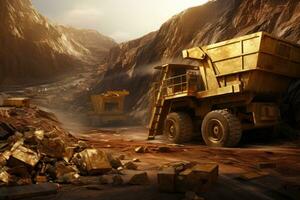 3D rendering of a mining truck working in a coal mine, mining gold in space, AI Generated photo