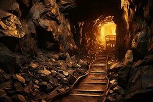 Interior of a mine with a wooden staircase leading to the light, mining gold in space, AI Generated photo