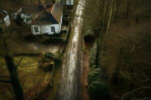 Digital painting of a village in the woods with a long exposure, Narrow street between woodland, drone's view, AI Generated photo