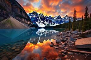 glaciar nacional parque, Montana, unido estados de America, morena lago amanecer vistoso paisaje, ai generado foto