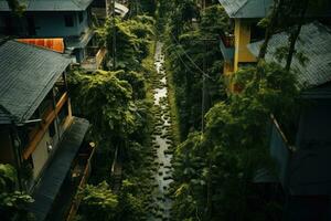 Aerial view of a small river flowing through the green forest, Narrow street between woodland, drone's view, AI Generated photo