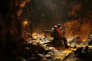 hombre sentado en un banco en un cueva y mirando a el luz, minería oro, ai generado foto