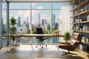 Modern wooden office interior with city view and daylight. 3D Rendering, Modern home office interior with furniture, computer and city view. 3D Rendering, AI Generated photo