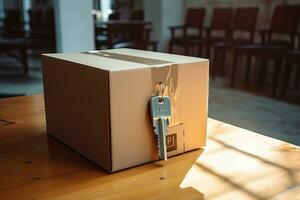 Cardboard box with keys on wooden table in coffee shop, stock photo, Moving house, relocation. The key was inserted into the door of the new house, inside the room was, AI Generated photo