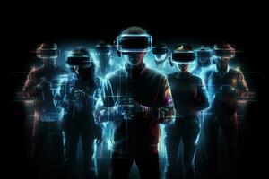 Group of people using virtual reality headset against black background with vignette, Modern people wearing VR headsets and standing, With hologram effect, full face, AI Generated photo